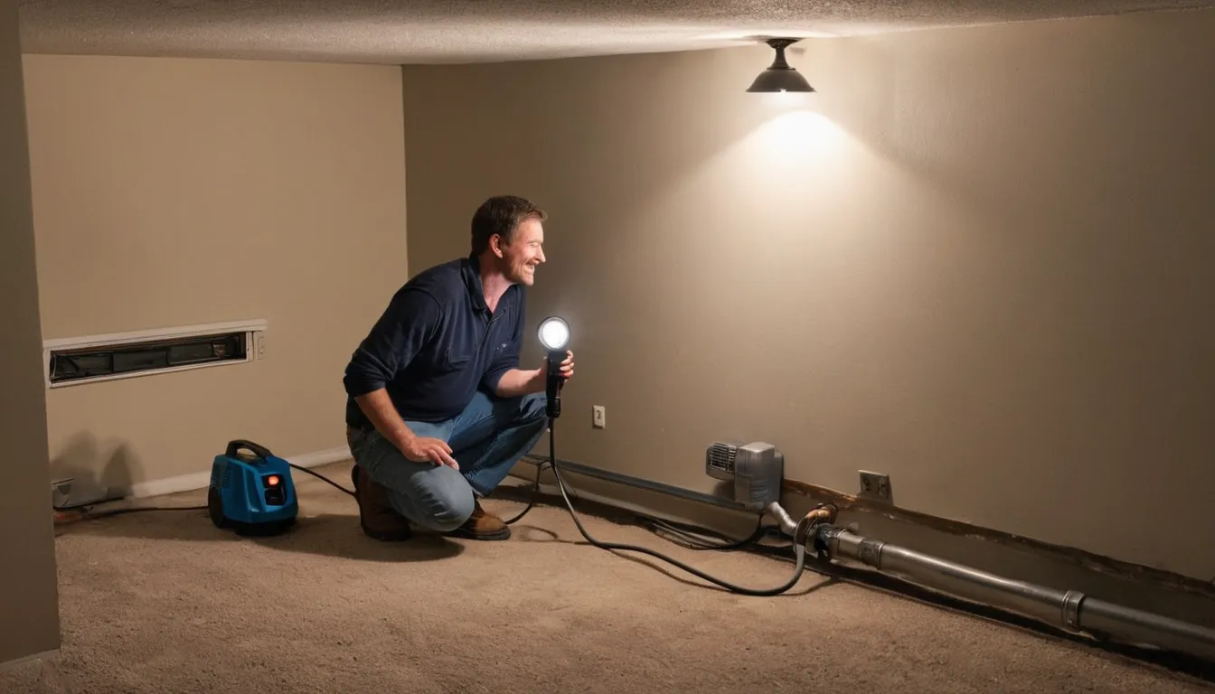 A provider checking a basement wall near a sump pump in a Independence home